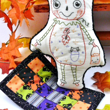 Halloween Pumpkin man embroidery doll and mini Quilt pattern, #388
