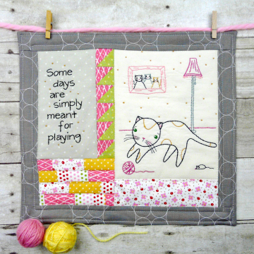 Kitty cat play days embroidery mini quilt pattern, #395