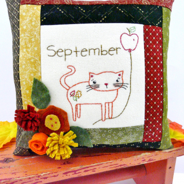 September Kitty Cat Embroidery pillow pattern #398