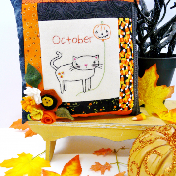 October Kitty Cat Embroidery pillow pattern #399
