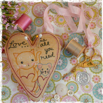 All you need is love, pin cushion scissor fob embroidery pattern