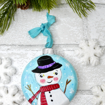 Christmas snowman Art ornament - collectible hand painted circle OOAK ornie frosty