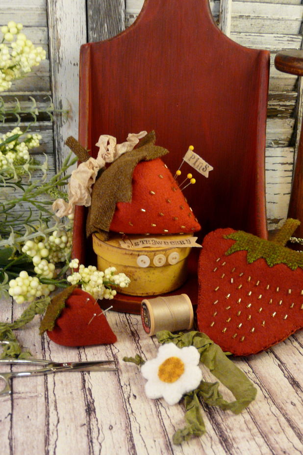 Strawberry pincushion, needlecase, and scissors fob pattern #330