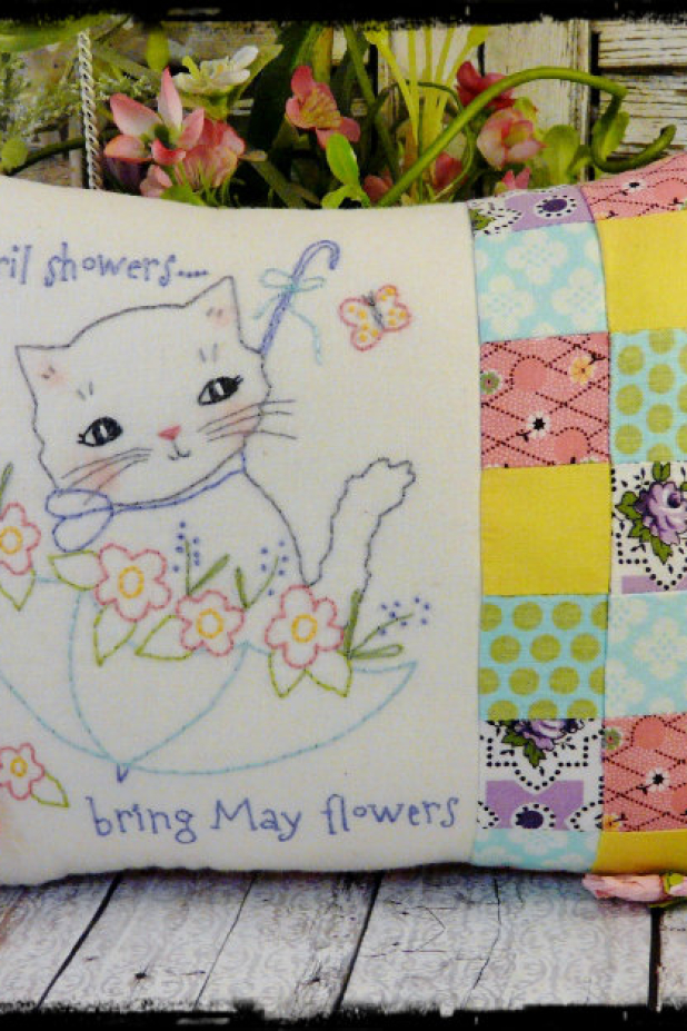 April showers bring may flowers kitty cat embroidery pillow pattern