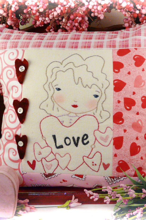 Love...Be mine embroidery pattern, #348 girl hearts pillow