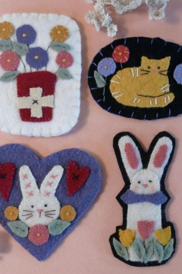 Bunnies, Kitty, & Posies  WOOL PINS pattern