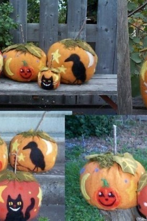 HALLOWEEN NEEDLE-FELTED PUMPKINS cat crow wool