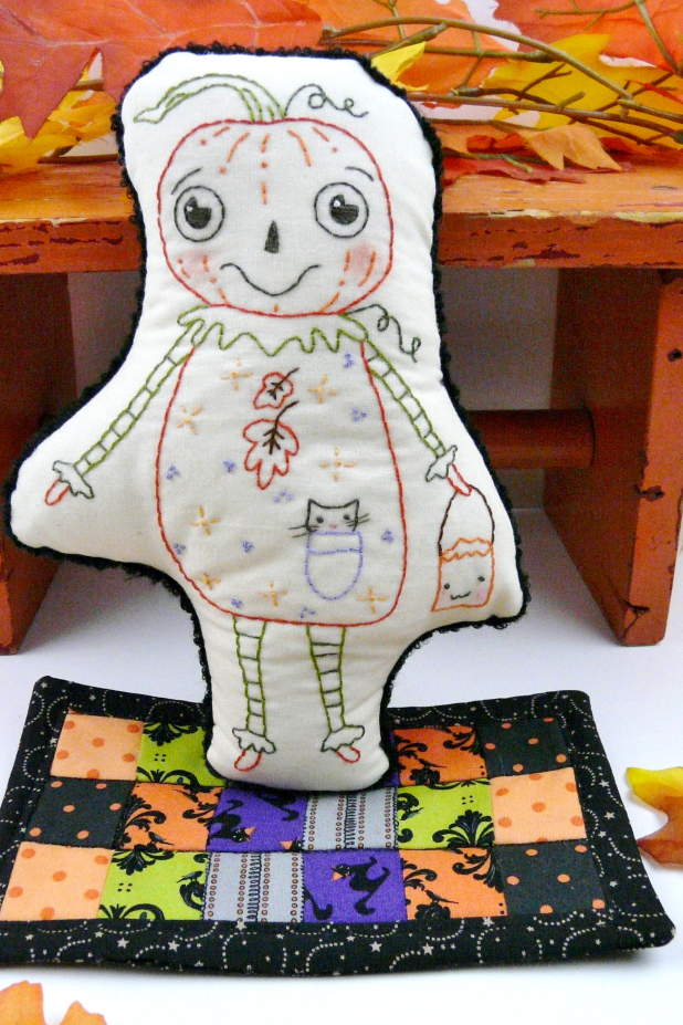 Halloween Pumpkin man embroidery doll and mini Quilt pattern, #388 hand embroidery halloween pumpkin doll pattern