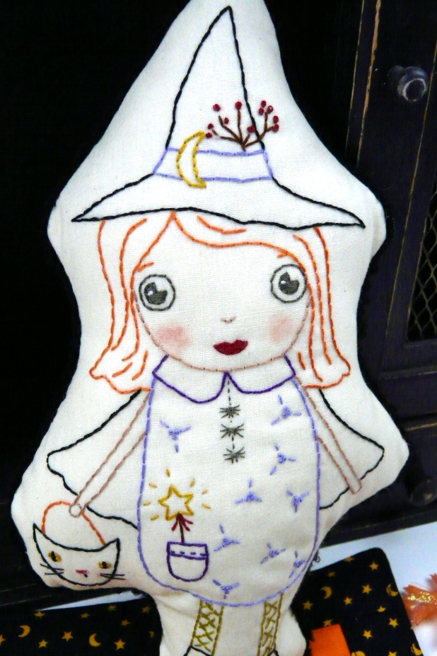 Halloween Good Witch embroidery doll and mini Quilt pattern, #389 good witch embroidery doll with mini quilt pattern