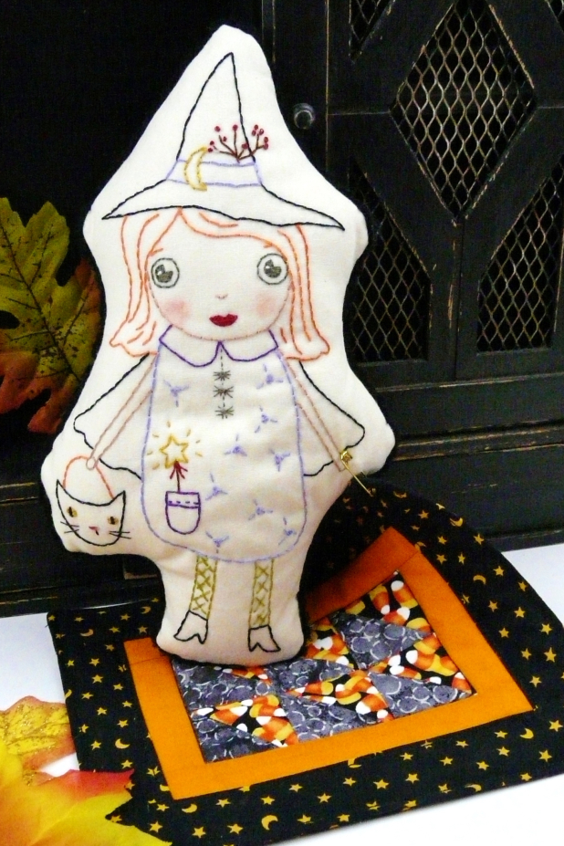Halloween Good Witch embroidery doll and mini Quilt pattern, #389 good witch embroidery doll with mini quilt pattern