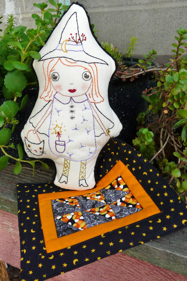 Halloween Good Witch embroidery doll and mini Quilt pattern, #389 good witch embroidery doll with mini quilt pattern