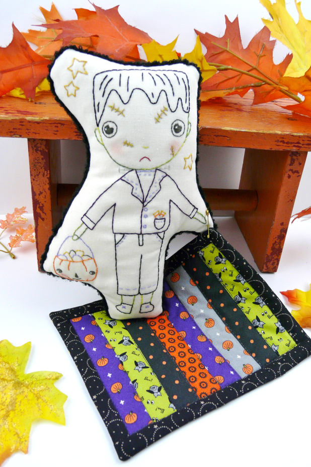 Halloween Frankenstein embroidery doll and mini Quilt pattern, #390 Frankenstein monster doll with quilt pattern