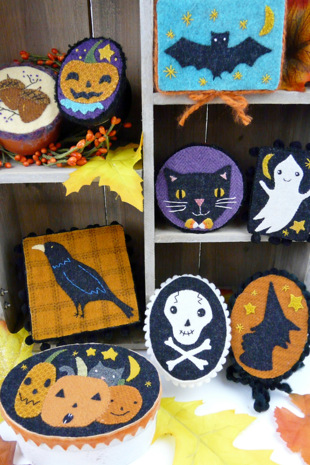 Halloween treat boxes- wool embroidery pattern- #393 Halloween pin ornaments treat box pattern