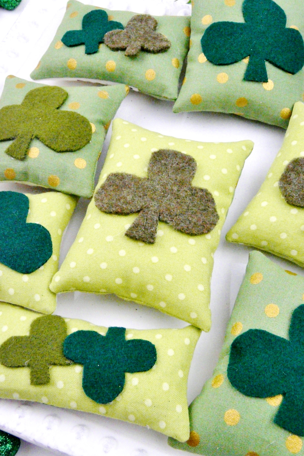 Happy Go Lucky embroidery ornaments & bowl fillers pattern #394 Backing wool shamrocks on ornaments