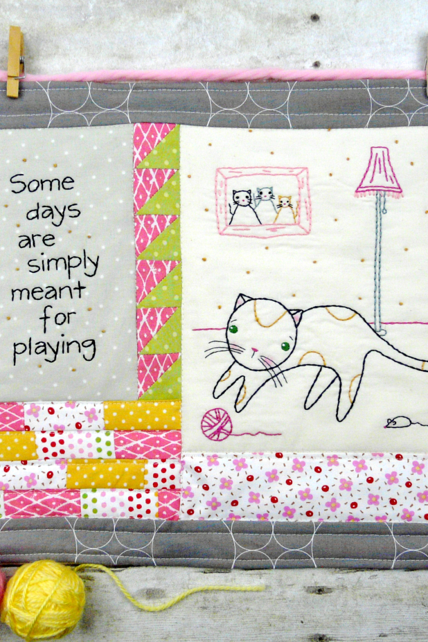 Kitty cat play days embroidery mini quilt pattern, #395 Some days are simply meant for playing