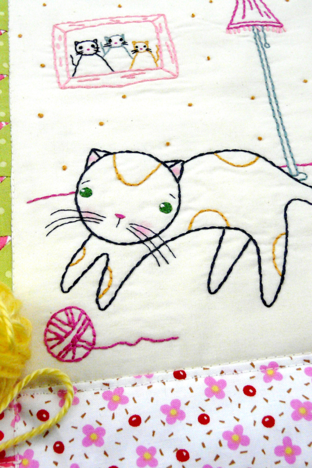 Kitty cat play days embroidery mini quilt pattern, #395 Some days are simply meant for playing