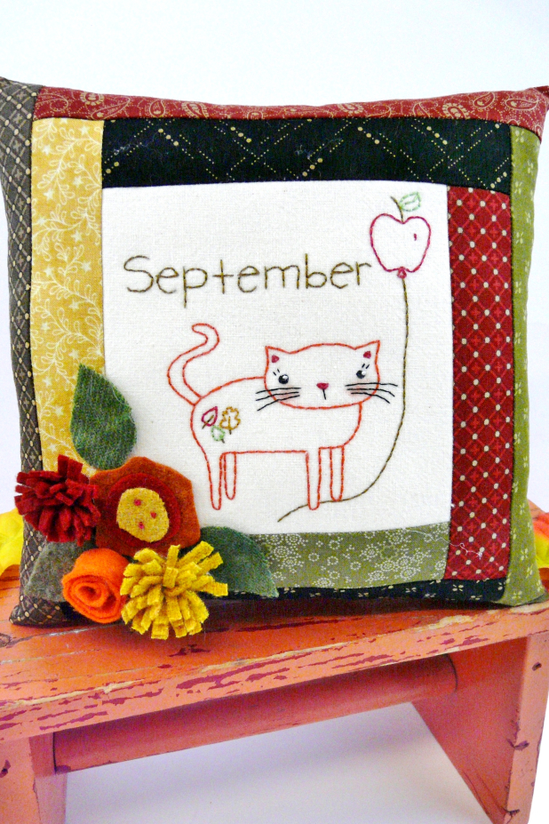 September Kitty Cat Embroidery pillow pattern #398 kitty cat september wool flowers apple leaves pillow pattern