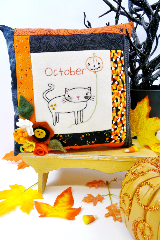 October Kitty Cat Embroidery pillow pattern #399 kitty cat fall wool flowers sewing pattern