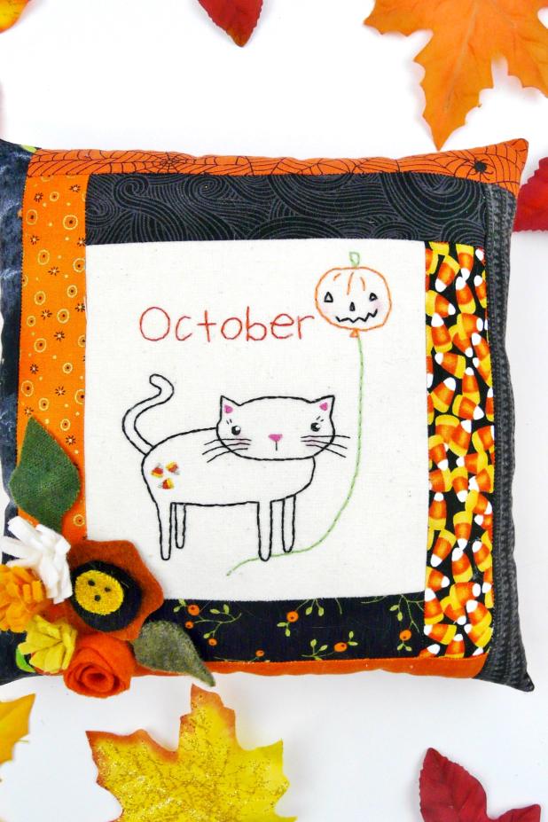 October Kitty Cat Embroidery pillow pattern #399 kitty cat fall wool flowers sewing pattern