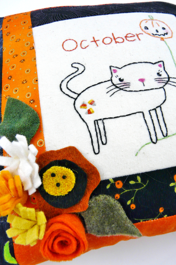 October Kitty Cat Embroidery pillow pattern #399 kitty cat fall wool flowers sewing pattern