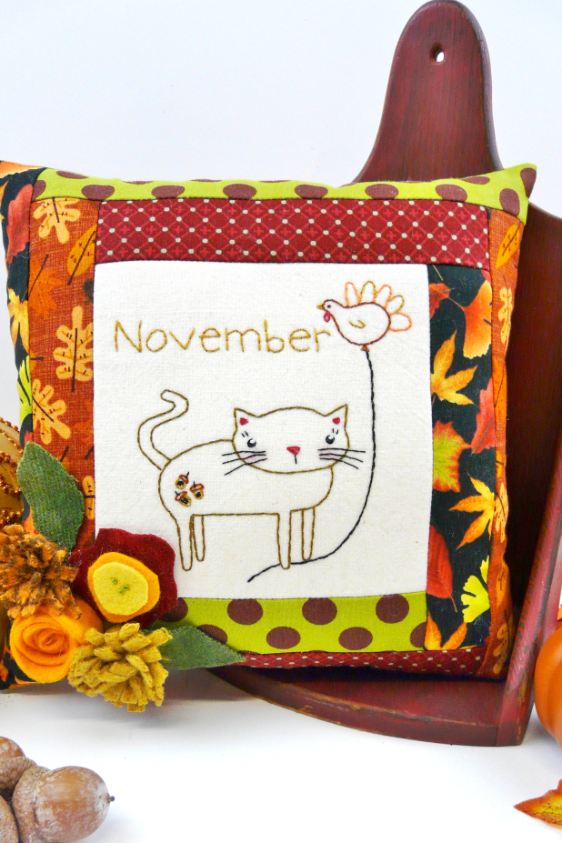 kitty cat balloon month november pillow embroidery pattern