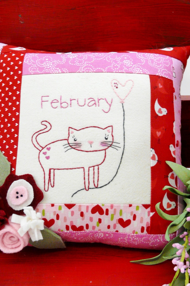 February Kitty Cat Embroidery pillow pattern #403 valentine hand embroidery quilted felt flower pattern