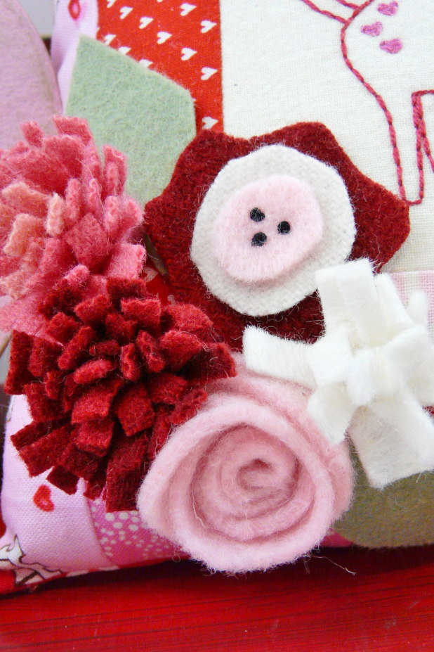 February Kitty Cat Embroidery pillow pattern #403 valentine hand embroidery quilted felt flower pattern