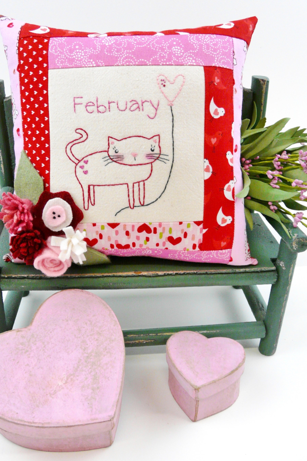 February Kitty Cat Embroidery pillow pattern #403 valentine hand embroidery quilted felt flower pattern