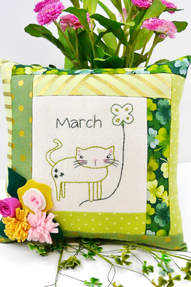 March Kitty Cat Embroidery pillow pattern #404 Shamrock cat pillow felt flowers pattern