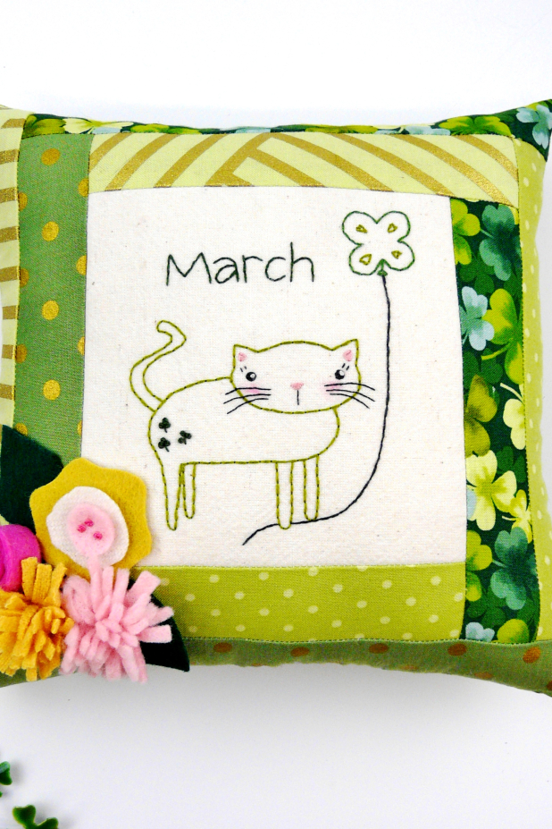 March Kitty Cat Embroidery pillow pattern #404 Shamrock cat pillow felt flowers pattern