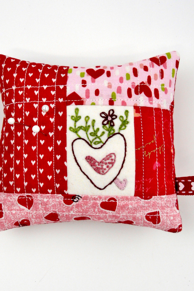 valentine hand embroidery pincushion quilted pattern