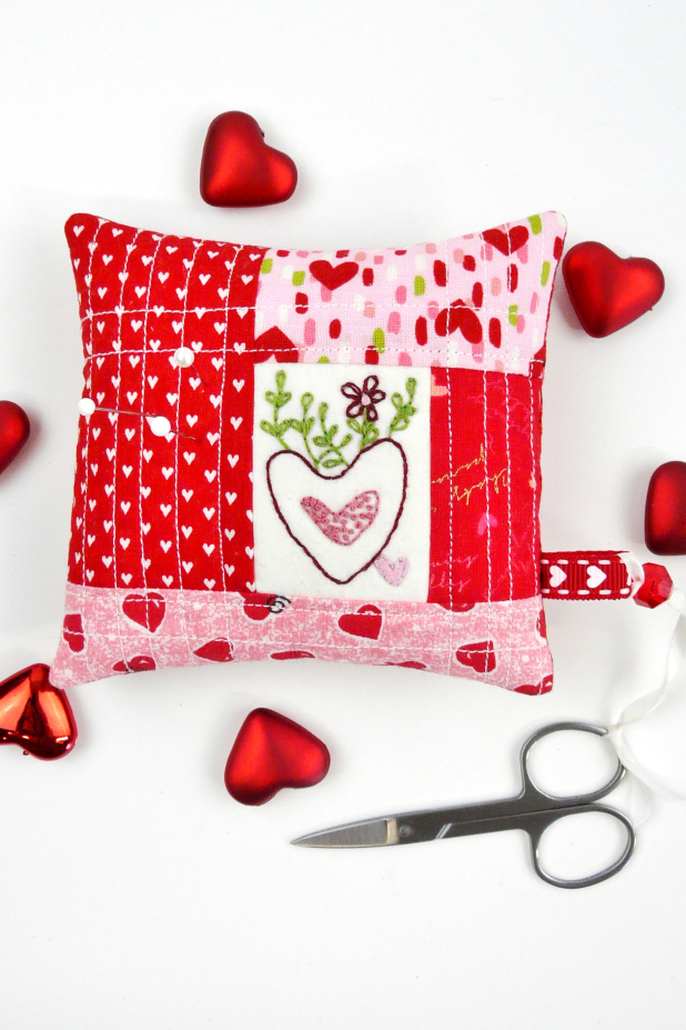 valentine hand embroidery pincushion quilt pattern