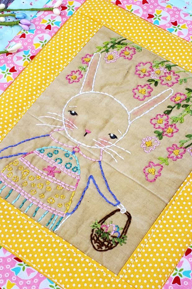 Thrill of the hunt- Embroidery & mini quilt pattern #418 bunny & eggs easter embroidery quilt pattern