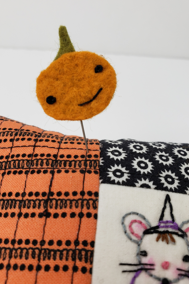 halloween quilted pincushions pumpkin pin Halloween Pinnie- Embroidery & quilted pincushion pattern #421