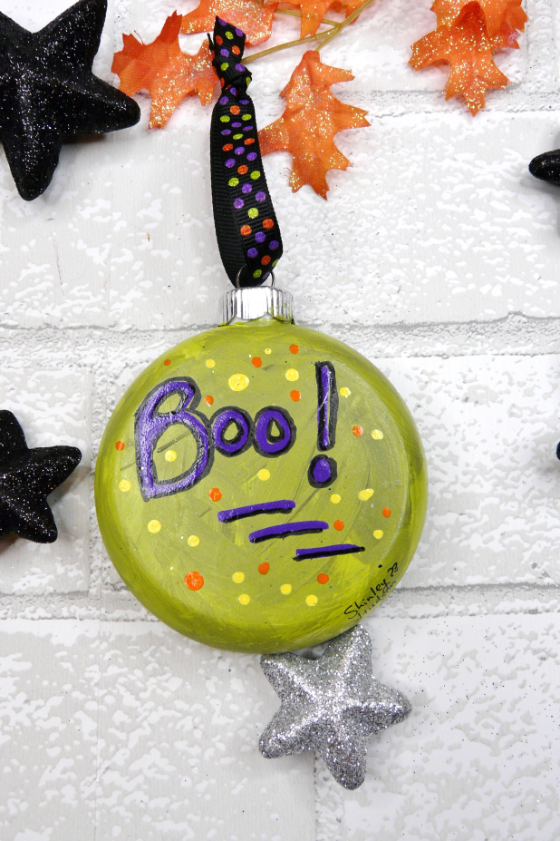 Halloween Kitty cat in pumpkin ornament - moons & stars on green - boo! saying boo ornament