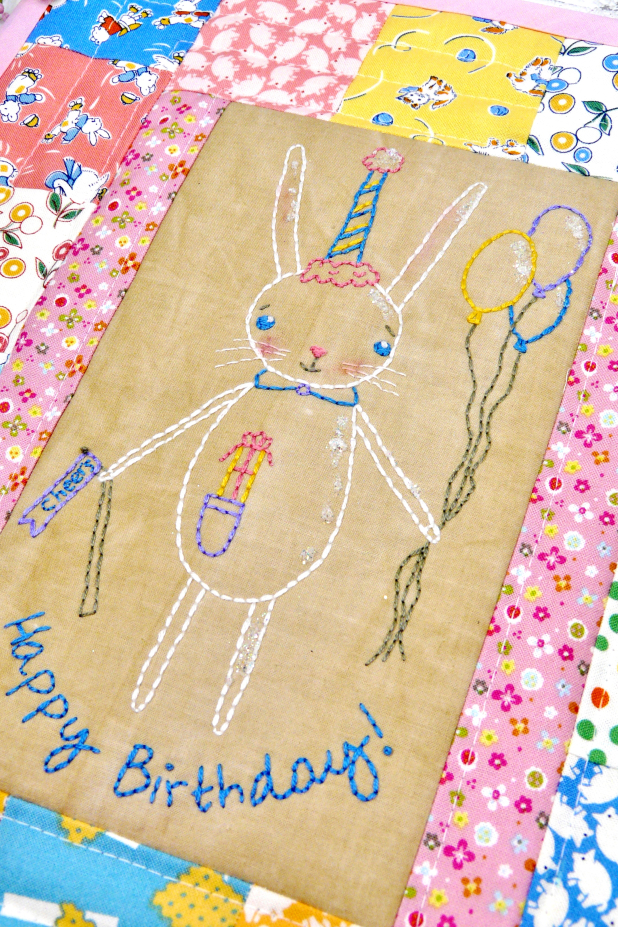Happy Birthday Bunny embroidery quilt Pattern PDF - rabbit balloons gift hat han