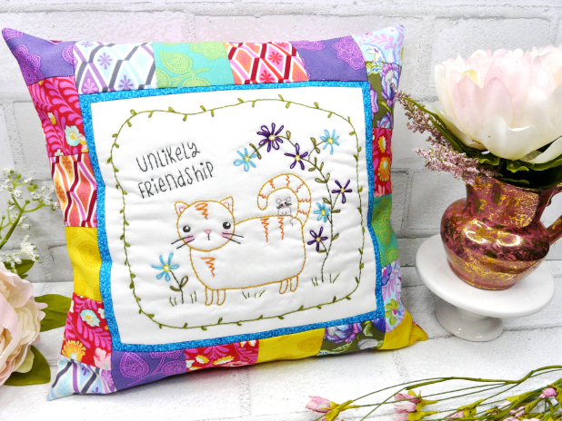 Unlikely friendship Cat & Mouse embroidery pillow Pattern Friends kitty cat & mouse hand embroidery design pattern