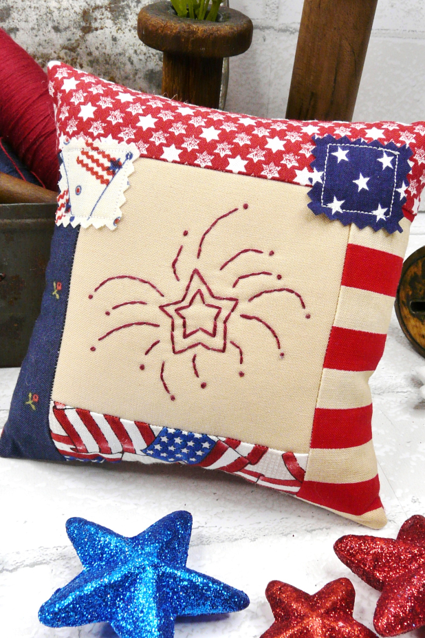 firework redwork embroidery mini pillow americana