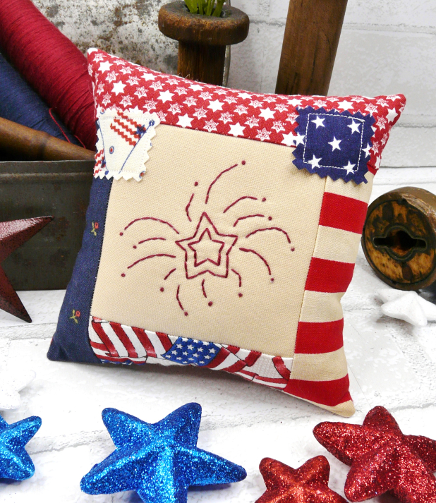 firework redwork embroidery mini pillow americana