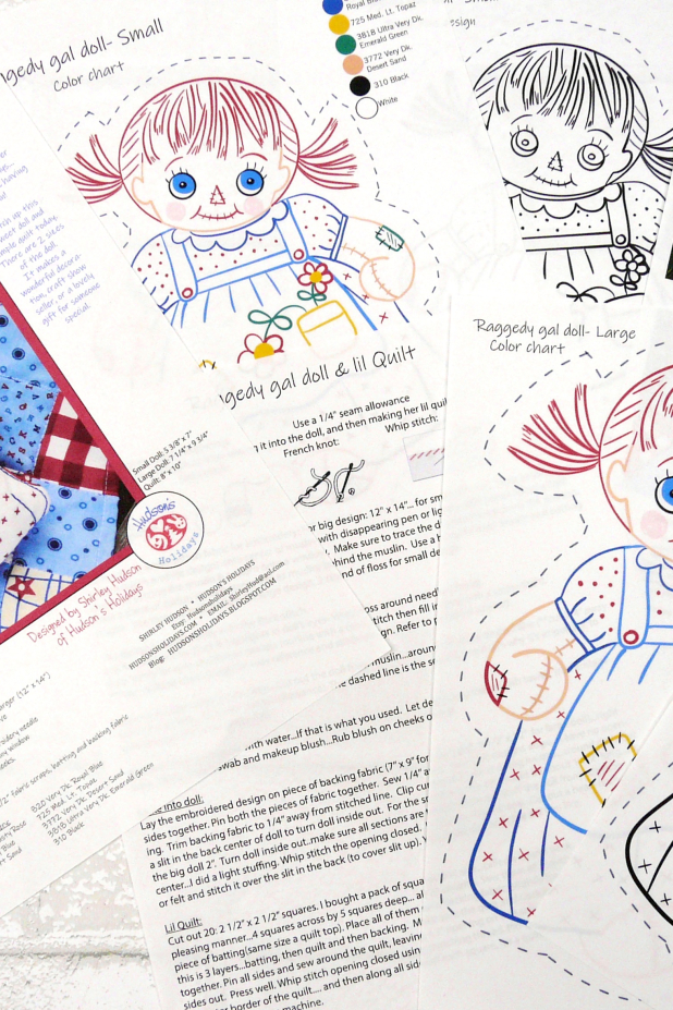 Raggedy gal embroidery doll and mini Quilt pattern Raggedy Ann doll - embroidery pattern with quilt