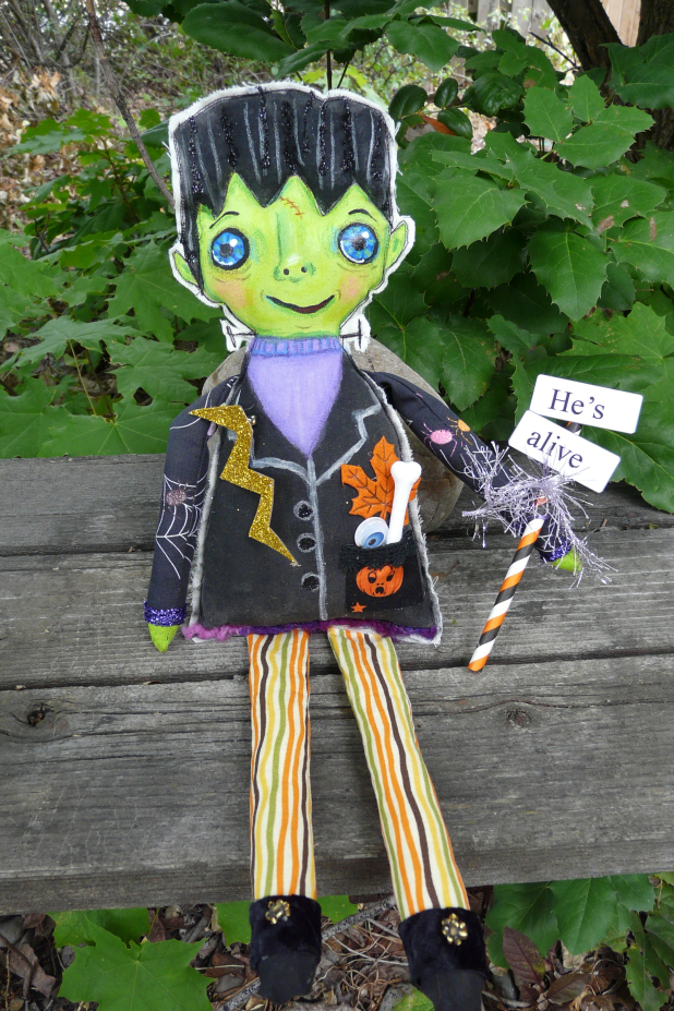 Frankenstein monster artdoll - bolt pin and sign doll