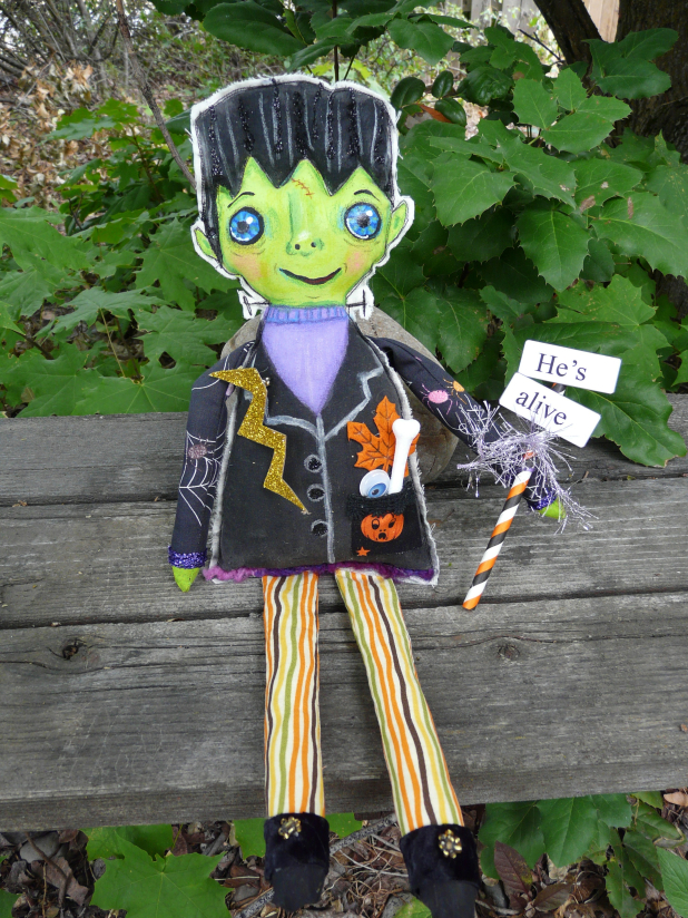 Frankenstein monster artdoll - bolt pin and sign doll