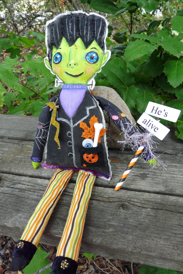 Frankenstein monster artdoll - bolt pin and sign doll