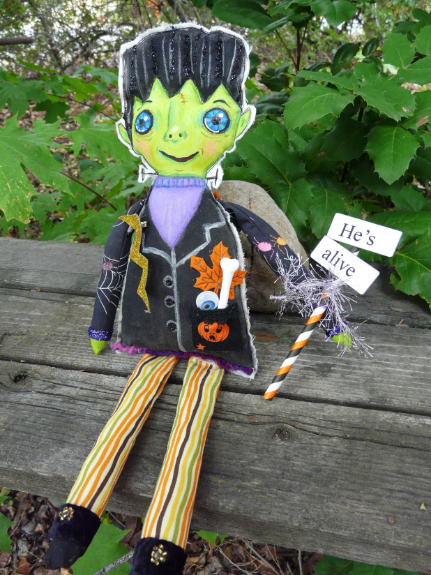 Frankenstein monster artdoll - bolt pin and sign doll
