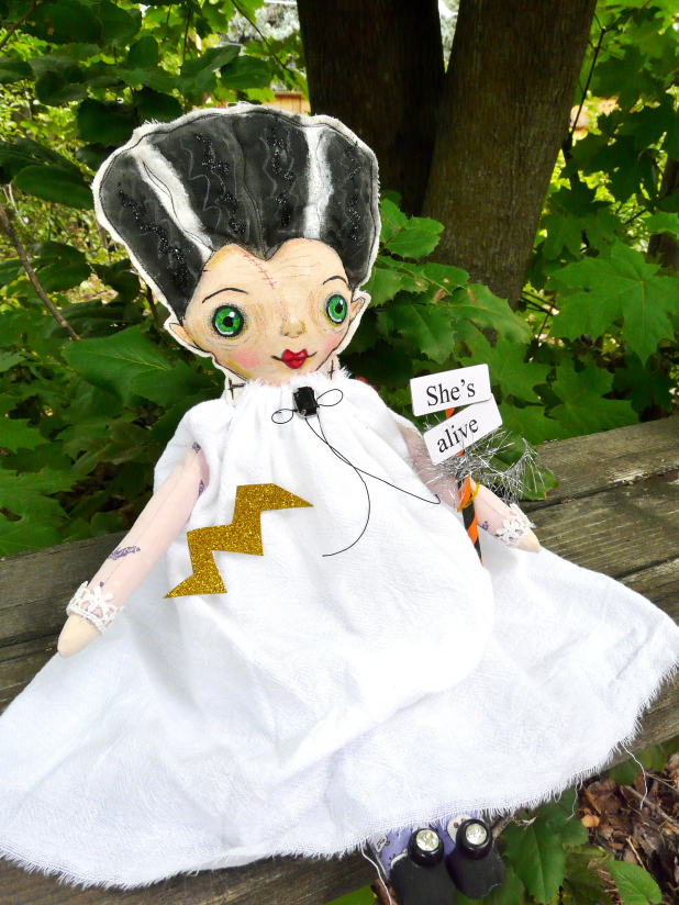 The bride art doll - Frankenstein's wife with sign