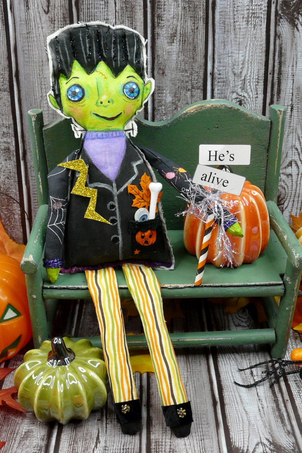 Frankenstein monster artdoll - bolt pin and sign doll