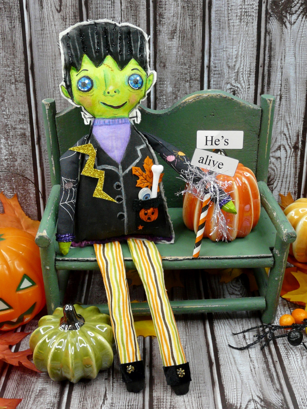 Frankenstein monster artdoll - bolt pin and sign doll