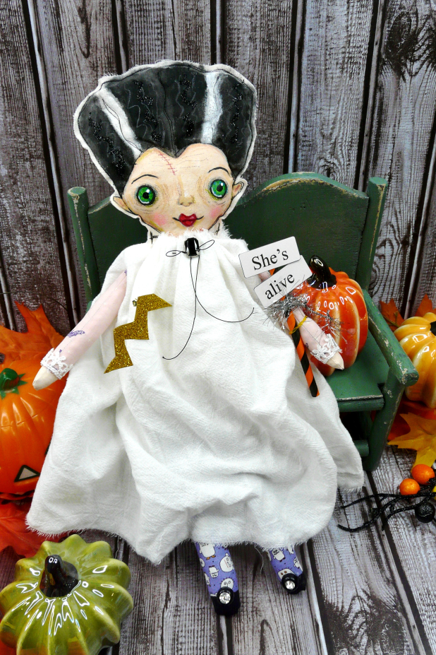 The bride art doll - Frankenstein's wife with sign