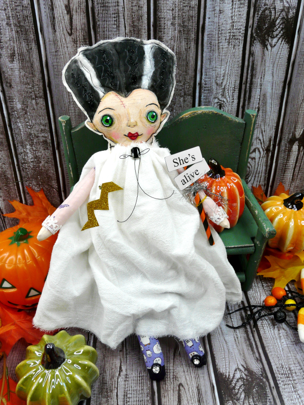 The bride art doll - Frankenstein's wife with sign