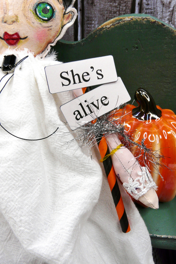 The bride art doll - Frankenstein's wife with sign